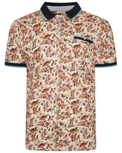 KAM Parrot Digital Print Jersey Polo Ecru